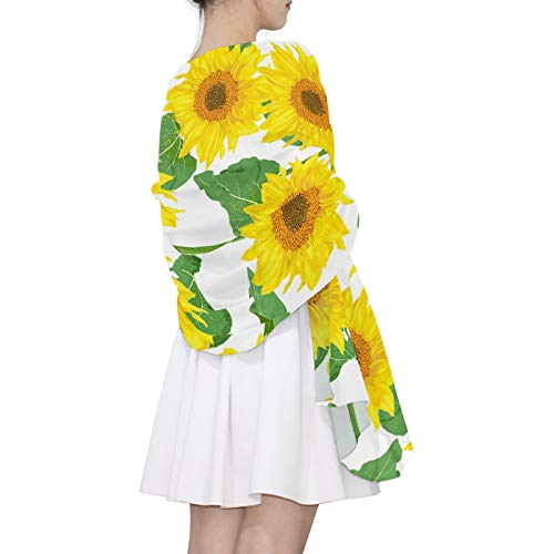 Yellow Sunflowers With Green Leaves On White Women Long Silk Scarf, Shawl Chiffon Large Stole Headscarf, Lightweight Sunscreen Satin Scarves Wraps for Wedding Party Gift4