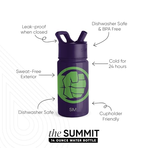 Image of Simple Modern Kids Summit Water Bottle with Straw Lid | Marvel Hulk 14oz Stainless Steel Cup Insulated Tumbler for Toddlers, Boys, School | Hulk Smash