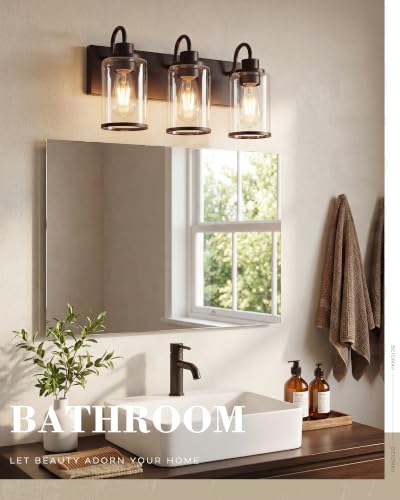 Image of Beionxii 3 Light Bathroom Light Fixtures, Oil Rubbed Bronze Vanity Lights with Clear Glass Shades, Vanity Lights Over Mirror, Wall Sconces for Kitchen Living Room Hallway Cabinet Porch, BX-VL01ORB-3CG
