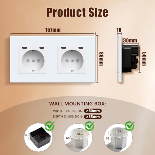 BSEED Steckdose mit USB C(5 V 2.1A),Unterputz Steckdose (Typ C und Typ C),16A 250V 2 Fach Wandsteckdose,2*USB C Einbausteckdose Geeignet f&uuml;r Phone,Pad-157mm*86mm,Wei&szlig;