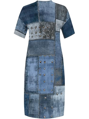Image of SUZONANA Plus Size Denim Print Maxi Dresses for Women Casual V Neck Short Sleeve with Pockets Soft Jean Look Dress XL-6XL