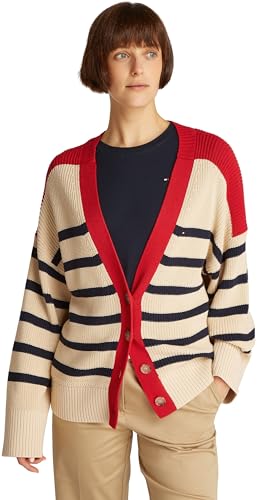 Tommy Hilfiger Chaqueta de Punto Mujer Cárdigan con Botones, Multicolor (Dark Night Navy Stripe), L-XL