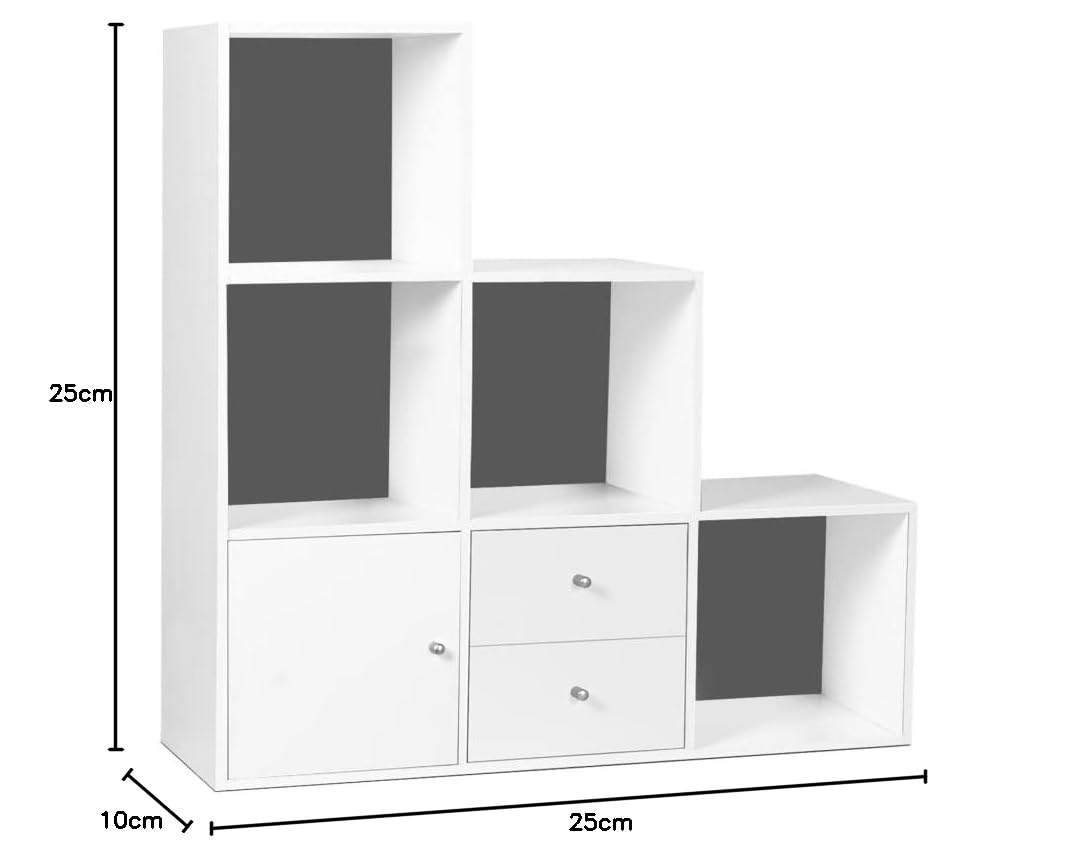 IDMarket - Meuble de Rangement en escalier Liam 3 Niveaux Bois Blanc Fond Gris avec Porte et tiroirs