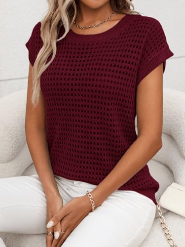 Image of Womens Crochet Cap Sleeve Sweater Summer Crew Neck Casual Hollow Out Knit Tops Pullover Trendy Beach Cover Ups Outfits