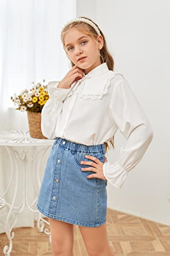 Syktkmx Girls Lace Doll Collar Shirt Button Down Ruffle Long Sleeve Cute Casual School Dress Blouse Tops 5-14 Years White #TOP2