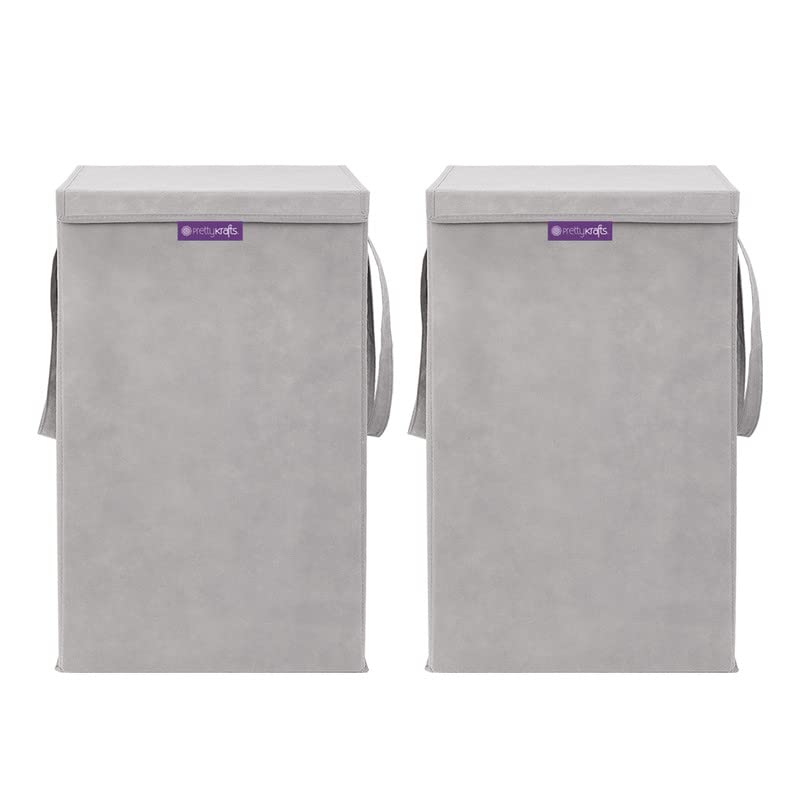 PrettyKrafts 75 L Non Woven Printed Rectangular Foldable Large Laundry Bag/Basket With Lid & Handle, Freestanding Clothes Storage Organizer for Bedroom, Dorm (36x36x53cm, Grey, Set of 2)
