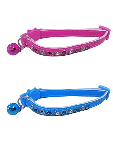 Cute Leather Cat Collar with Sparkly Bling Diamante Diamond Effect Stones, Quick Release & Bell For Cats & Kittens (Pink)