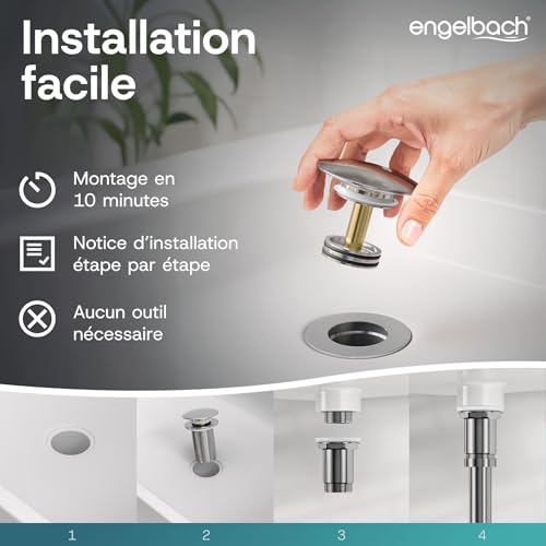 Engelbach® Bonde de lavabo sans trop-plein - Bouchon clic-clac, 3 joints inclus - Installation rapide, guide vidéo inclus - Modèle universel – vue 6