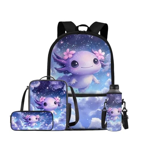 Galaxy Axolotl Backpack for Girls Kids Backpack with Lunch Box Water Bottle Carrier and Big Pencil Case 4PCS Set Bookbag with Front Pocket for School 17 inch Lightweight Elementary School Bag