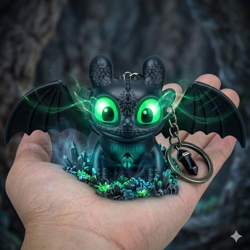 Image of Premium Black Mini Dragon Keychain with LED Glowing Green Eyes - Cute Fantasy Action Figure Bag Charm, Backpack Accessory & Light-Up Keyring Toy Gift for Kids and Adults
