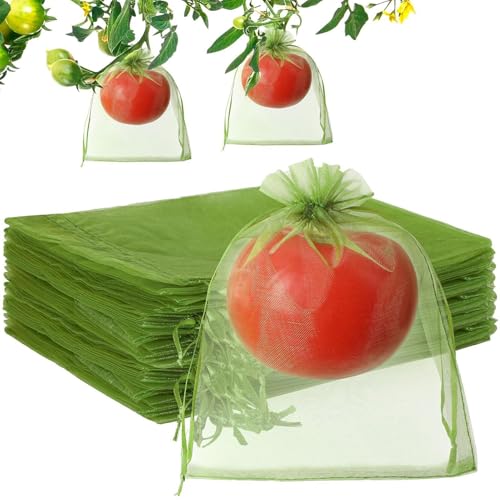 Bolsas De Malla para Frutas, 100 Piezas Barrera Antipájaros Reutilizable Verde, Fundas de Malla Transpirable de 15x20 cm para Frutas, para Fresas, Arándanos, Verduras, Bayas, Tomates, Mangos, Jardín,