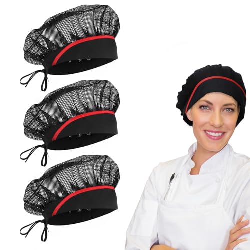 Giantree Gorro de chef elástico de 3 piezas, gorro de cocina para mujer, malla para el cabello, ajustable, reutilizable, lavable, color negro, Negro -, 0