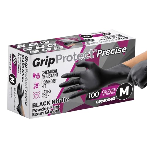 Image of GripProtect Precise Black Nitrile Gloves 4 Mil, Chemical Resistant Gloves | Medium Textured Grip for Mechanics, Tattoos, Food Prep & Cleaning - Medical Grade Disposable Gloves
