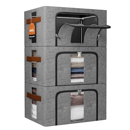 NiuBeBe Aufbewahrungsbox kleidung Faltbar Metallrahmen: Stapelbare Aufbewahrungstasche mit Deckel für Kleiderschrank Organizer Storage Pullover Saisonkleidung Bettwäsche (Grau 3x66L)