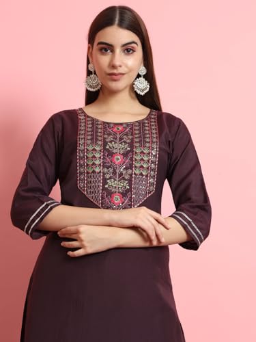 Image of VredeVogel Women's Silk Blend Embroidered Kurta with Pant & Viscose Print Dupatta Set