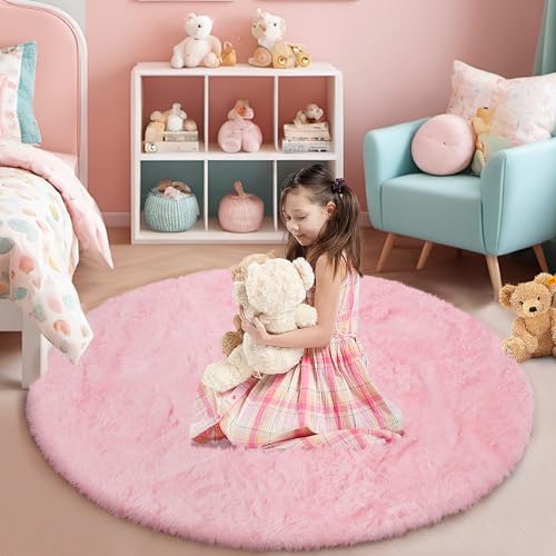Pink Fluffy Round Area Rugs for Bedroom,3'X3'Shag Circle Area Rugs for Girls Room,Non Slip Fuzzy Plush Rug for Kids Room Living Room and Dorm Home Decor Rug