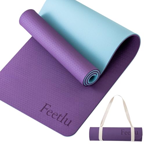 Feetlu Extra Thick Exercise Yoga Mat with Strap - 2/5 Inch (10MM), Non-Slip Workout Mat for Yoga, Pilates, and Floor Exercises(DK. PL/BGY)