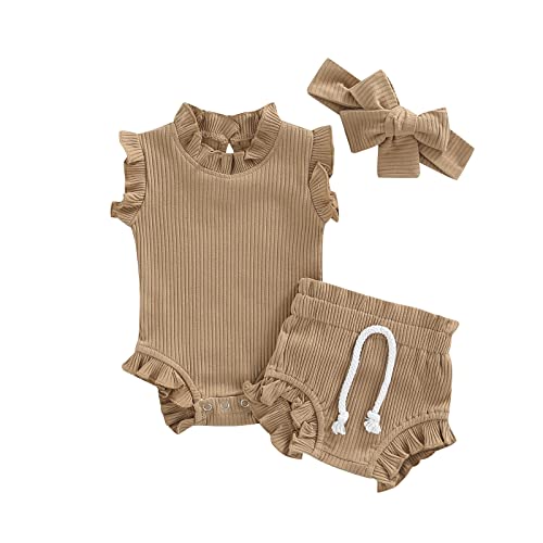 Amiblvowa Conjunto de roupas de malha para bebês meninas, cor lisa, com babados, regata, cintura alt