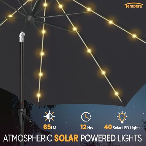 Image of Tempera Patio LED Umbrella with Light | Solar Outdoor Umbrella | Market Table Parasol with Push Button Tilt and Crank, with Sturdy Pole & Fade Resistant Canopy, Easy to Set