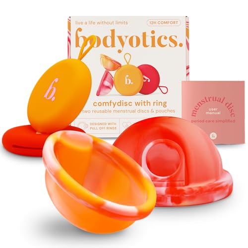 Bodyotics Discos Menstruales Reutilizables, Más Suaves que las Copa Menstrual, Paquete de 2 Tallas S y L - Set de Discos Menstruales con 12 horas de uso (Rojo y Naranja)