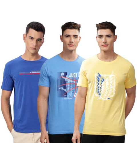 Image of ADRO 100% Cotton Lycra Tshirts for Men Combo Pack of 3 | Regular Fit | Printed T Shirt | Round Neck Half Sleeve| Mens Tshirts