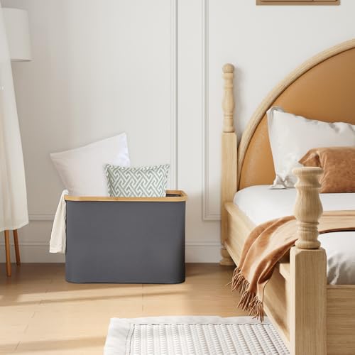 Foldable Laundry Basket - 50L Bamboo Folding Laundry, Storage Bins Foldable Washing Basket for Bedroom Bathroom (Grey, 50L) - Image 5