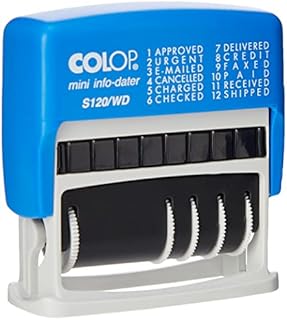 COLOP S120/WD Dial-a-Phrase Date Stamp - Blue & Red Ink | 105016 | 4mm Adjustable Date Stamp with 12 Office-Based Words | Prints Word in Blue and Date in Red