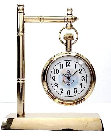 J.H Handicraft Brass Hanging Table Clock with Stand Home Office Decorative Gift Style Antiq (Golden) ue