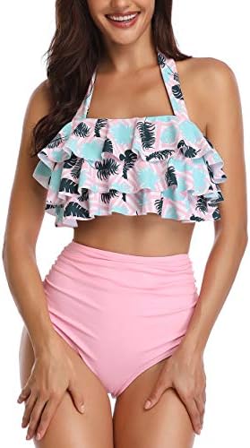 Heat Move Women Retro Flounce High Waisted Bikini Halter Neck Two Piece Swimsuit(XL, Pink 2)
