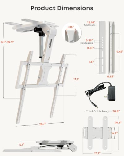 Image of Motorized Ceiling TV Mount with Remote for 37-75'' TVs, Flip Down, White | Sapcing Saving, Include VESA Extender, Fits Flat and Pitched Roof, Electric, Drop Down, Max VESA 600x400 mm, Max holds 99lbs