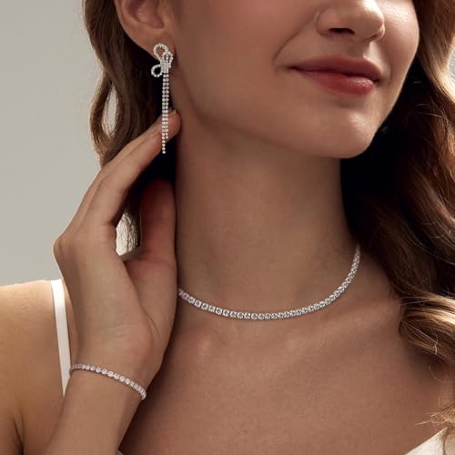 Image of HAXIYA Tennis Necklace Bracelet for Women, Sterling Sliver Jewelry Set, Silver /Gold Chocker Necklace, Crystal Bracelet for Women, Wedding Jewelry for Bride, Sparkly Party Prom Hypoallergenic