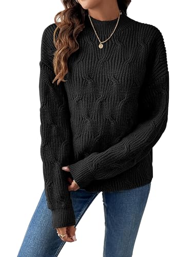 DancingYarns Womens Dressy Mockneck Cable Knit Long Sleeve Sweater Fall 2025 Oversized Chunky Ribbed Cuffs Knit Pullover Black M
