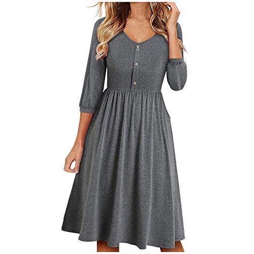 Preisvergleich Produktbild KIMODO Taschenkleid Damen Minikleid Beiläufige Langarm Lose Hemdkleid Kleider Einfarbig Dreiviertel Ärmel Baumwolle Lässig Korsett Cocktailkleider (D-Grau, L)