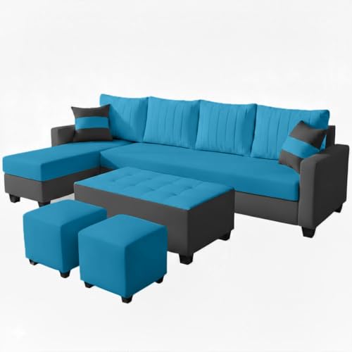 Image of FURNY Avenue 8 Seater Fabric LHS L Shape Sofa Set with 1 Centre Table & 2 Puffy (Aqua Blue-Dark Grey) Premium Velvet Finish