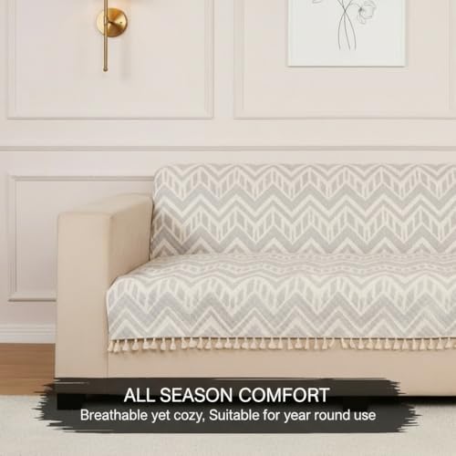 Image of STITCHNEST Quilted Velvet Sofa Cover with Tassels - 48x60 Inch, Grey & Ivory Zigzag Design, Soft & Stylish, Washable Sofa Protector for 2-Seater