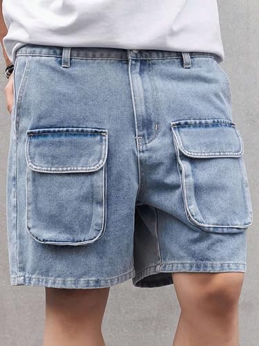 Image of GRECIILOOKS Denim Cargo Shorts for Men Stylish | Washed Jeans Half Pant for Men | Knee Length Cargo Shorts for Mens | Regular Fit Mens Pant Casual, Utility Streetwear Jorts, Travel Summer Wear