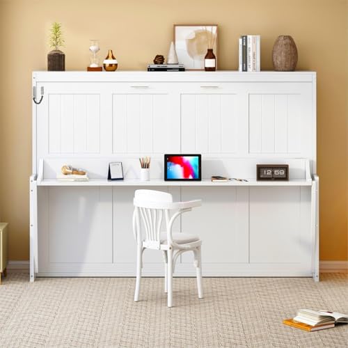 MERITLINE Queen Horizontal Murphy Bed with Desk,Wood Folding Hideaway Murphy Wall Bed for...