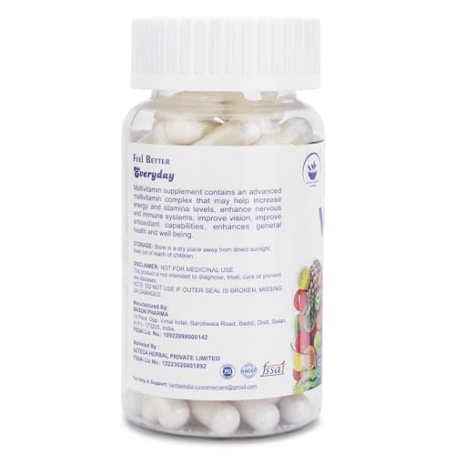 Image of AZTECA HERBAL NATURAL Multivitamin Capsules for Men & Women | 60 Capsules | 19 Vitamins & Minerals incl. B12, D3 & K2 | High Potency Daily Energy, Immunity & Bone Health Supplement
