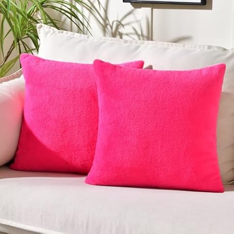 XVTRU Decorative Throw Pillow Covers 20"x20", Hot Pink Set of 2 Faux Rabbit Fur Pillow Covers, Soft Rectangle Throw Pillow Covers, for Home Decor Sofa Bedroom Living Room Cover