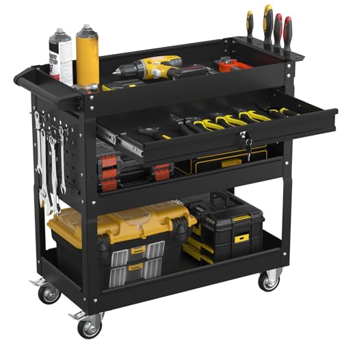 Image of 3 Tier Heavy Duty Rolling Tool Cart with Drawers, Large Storage Utility Cart on Wheels for Garage, Warehouse, Repair Shop (Black)