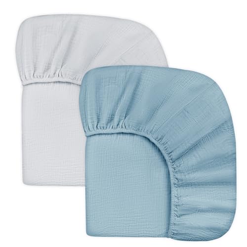 Image of Hooyax Muslin Crib Sheets for Boys Girls, Neutral Baby Fitted Sheets, Boho Soft Crib Sheet for Standard Crib & Toddler Mattress 52" x 28", 2 Pack (Blue & Grey)
