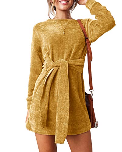Ybenlow Womens Velvet Dress Long Sleeve Slim Fit Tie Waist Party Midi Fall Dresses Yellow