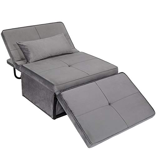 windaze Folding Ottoman Sofa Bed, 4 in 1 Multi-Function Chaise Lounge Morden Velvet with 5 Position Adjustable Backrest Convertible Guest Fold Out Bed, Dark Grey
