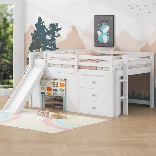 THINK 30 Full Size Low Loft Bed with Slide, Wooden