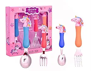 Unicorn Baby Feed Spoon and Fork Set - Cartoon Theme Stainless Steel Spoon & Fork Set for Kids Cutlery