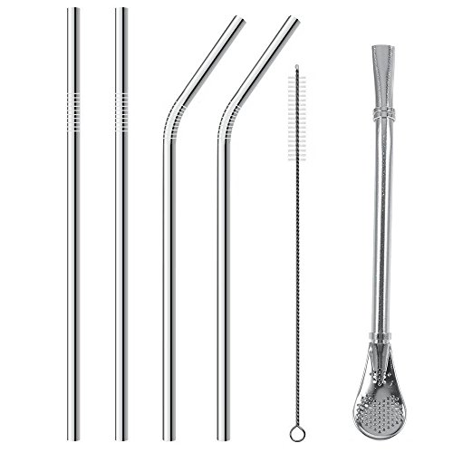 Pajitas metálicas, MMHDZ pajitas reutilizables de acero inoxidable 10.5 pulgadas sin plomo sin tóxicos (2 líneas rectas + 2 curvas + 1 cuchara + 1 cepillo)