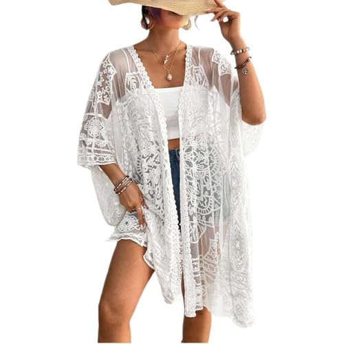 Qianderer Womens Lace Kimonos Bikini Cover-Up Summer Beach Coverup Swimsuit 3/4 Sleeves Open Front Sheer Mesh Crochet Kimono Cardigan (Ba White One Size)