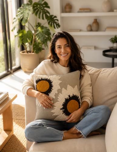 Image of Prista Hand Embroidered Cushion Covers Set of 2 | Sunflower Design | 16x16 Inch Boho Sofa Covers | Thick Cotton Tufted Embroidery | Hidden Zipper | Living Room Bedroom Decor (Vintage Sunflower)