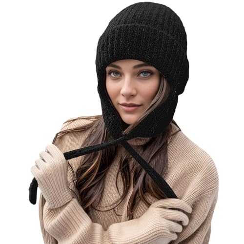 Gefomuofe Warme Gestrickte Beanie Mütze mit Ohrenklappen für Damen Mädchen, Winter Strick Ohrenschützer Hut mit 3 Pompons, Mode Bommel Mütze Ski Snowboard Hüte mit Ohrenwärmer, Geschenk