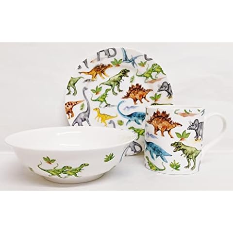 Rainbow Decors Dinosaurs Breakfast Set 3 Pieces Plate Mug & Cereal Bowl Fine Bone China Kids Children Set Dinos Collage Hand Decorated UK, White Cover